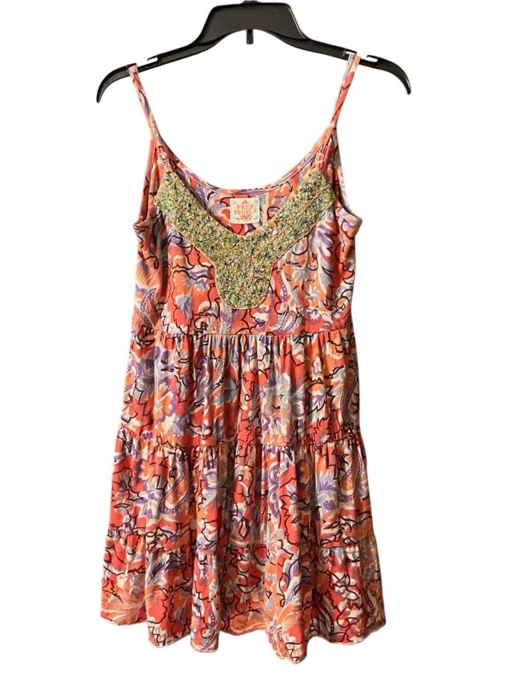 Free People Y2K Beaded Floral Boho Tiered Mini Dress Coral Purple Pockets XS